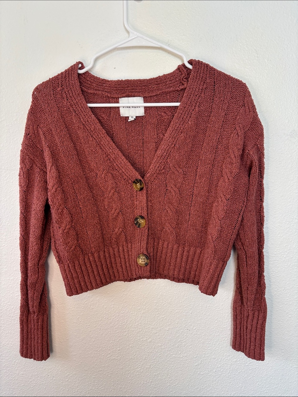 Pink Rose Cable-Knit V-Neck Cropped Cardigan - Mauve Rose